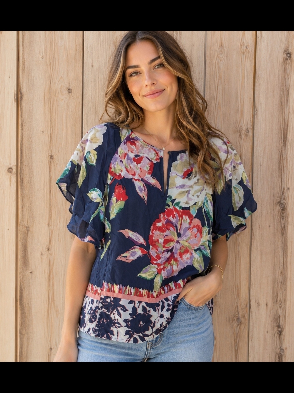 Maeve Navy Floral Flutter Sleeve Blouse
